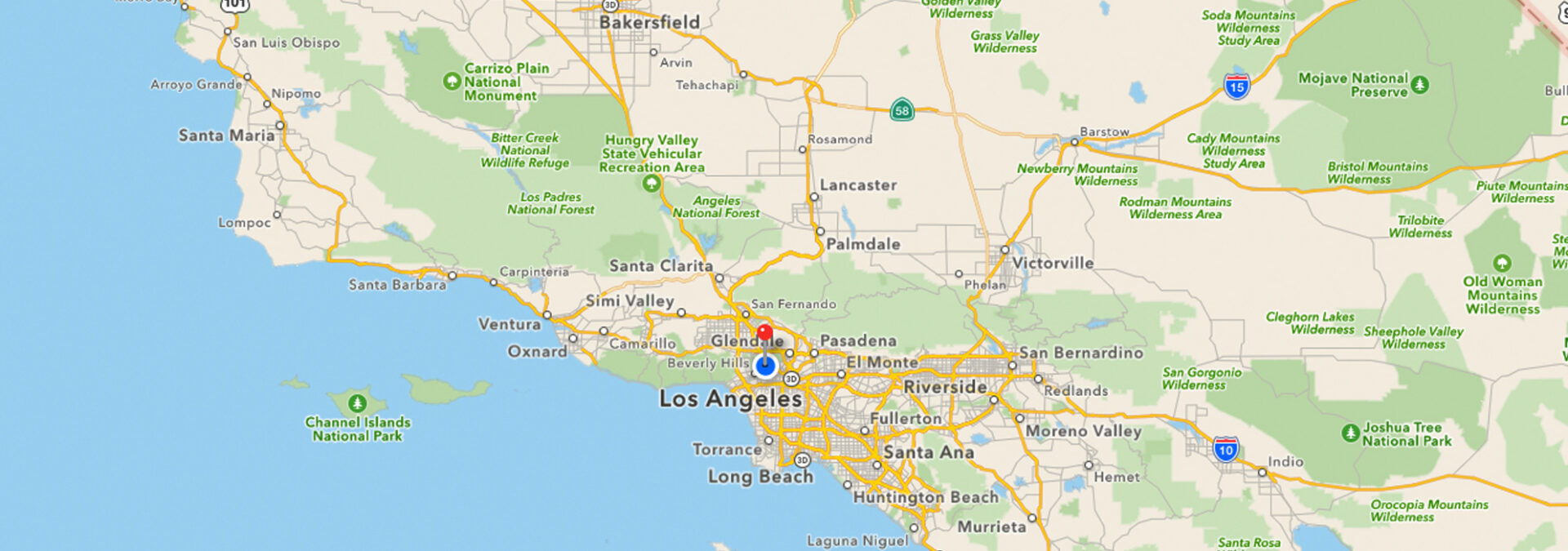 A map of los angeles with the location marked in blue.