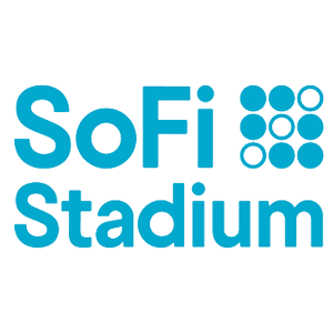 A green square with the words sofi stadium in blue.