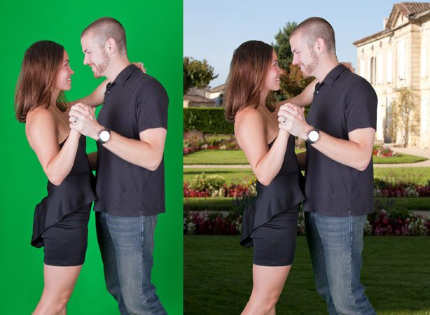 A couple is posing for the same picture in front of a green screen.
